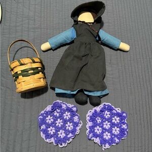 Amish Handcrafted Doll, Basket and Crochet Pot Holders